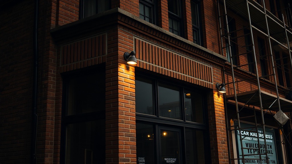 Commercial brick facade undergoing professional tuckpointing and masonry restoration in Chicagoland.