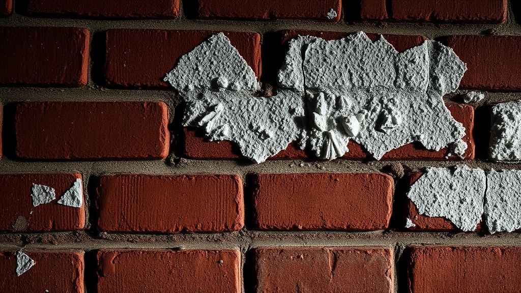 Efflorescence white salt deposits on a brick wall after winter freeze-thaw cycles.