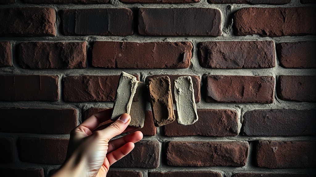 Mortar color test batches held against an existing brick wall for direct comparison.