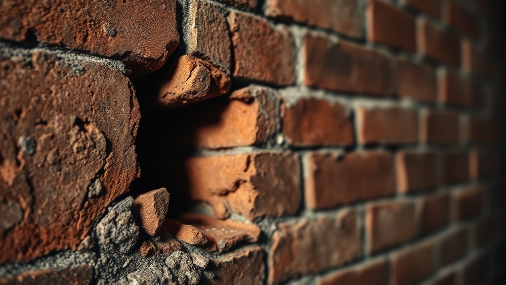 Brick face spalling damage visible after winter freeze-thaw cycles complete.