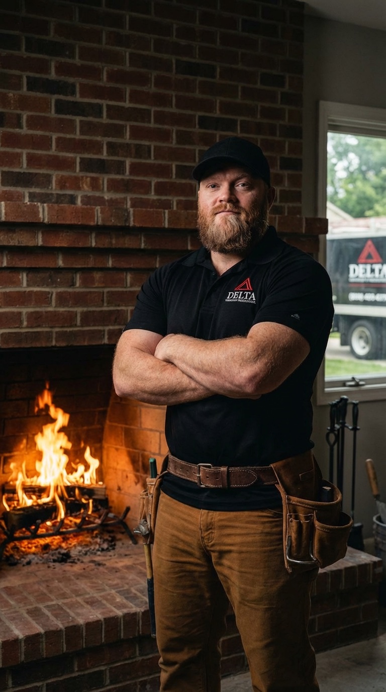 Filip Pindral, Owner of Delta - Masonry and Tuckpointing, in Delta-branded workwear with tool belt